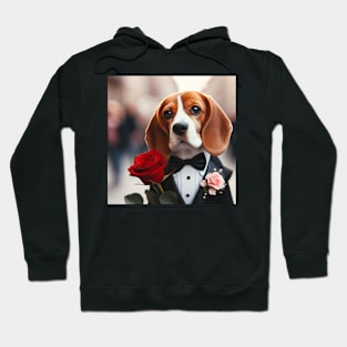 Beagle dog wearing formal wear tuxedo with red rose outdoors Hoodie